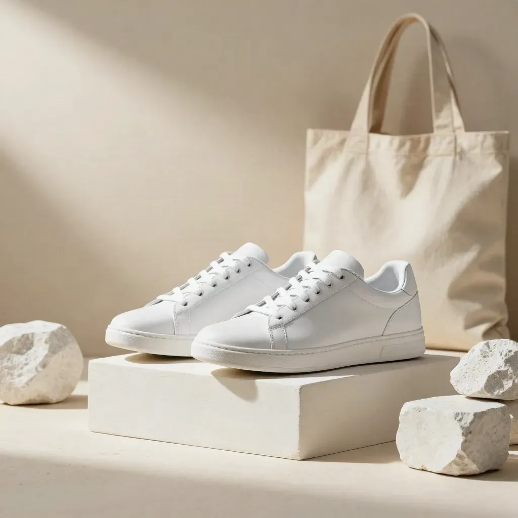 Sneaker bianche su plinto di gesso con tote in canvas e blocchi chiari, luce morbida.