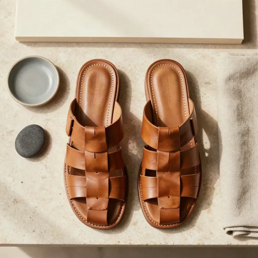 Sandali Capri in cuoio intrecciato con ceramica, ciottolo e lino su lastra chiara