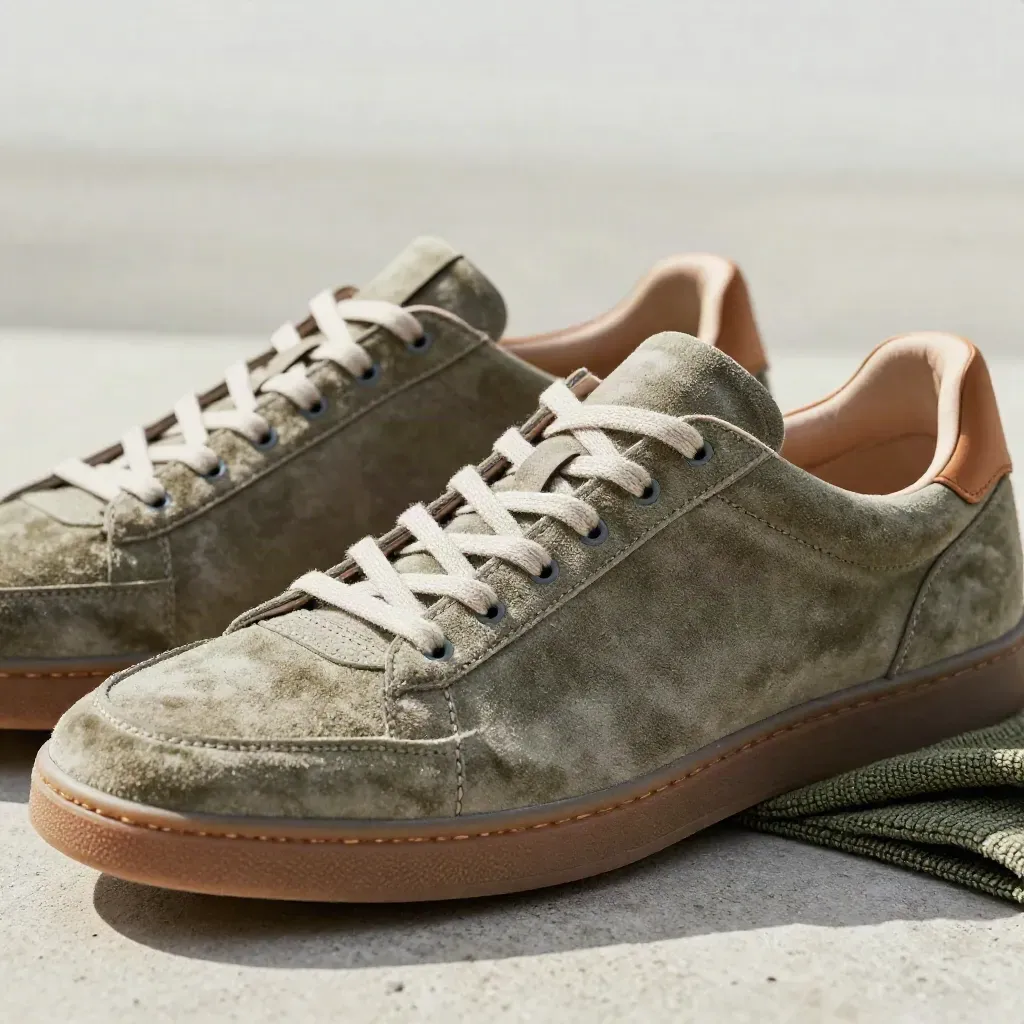 Sneaker in nabuk con lacci neutri, tab in cuoio e maglia piegata su cemento chiaro.