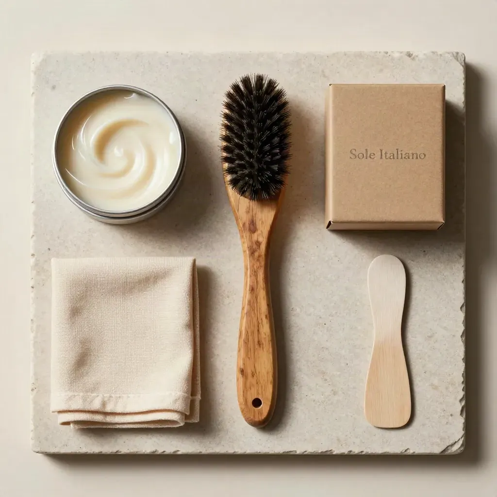 Kit per la cura della pelle con spazzola, crema, panno e scatola su pietra chiara.