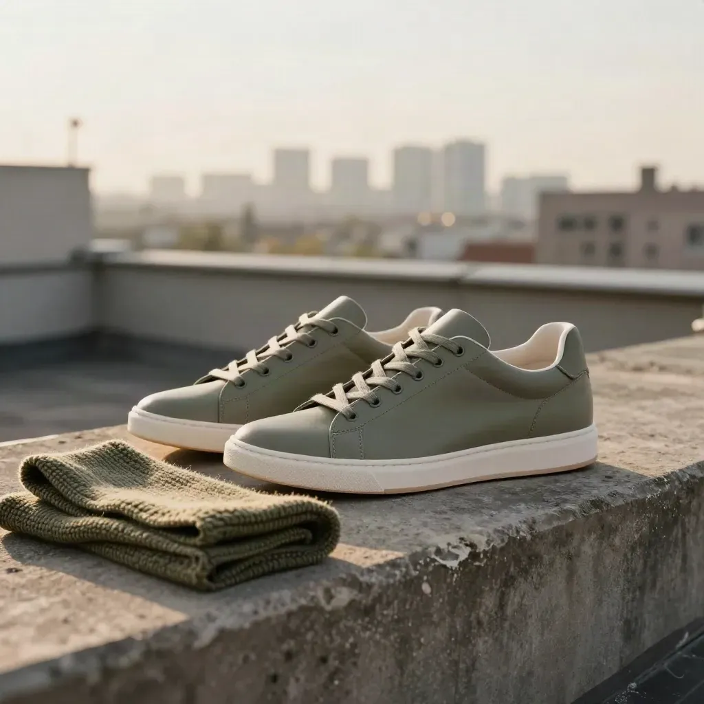 Paio di sneaker su gradino in cemento con maglia piegata, luce dell’alba e città sfocata.