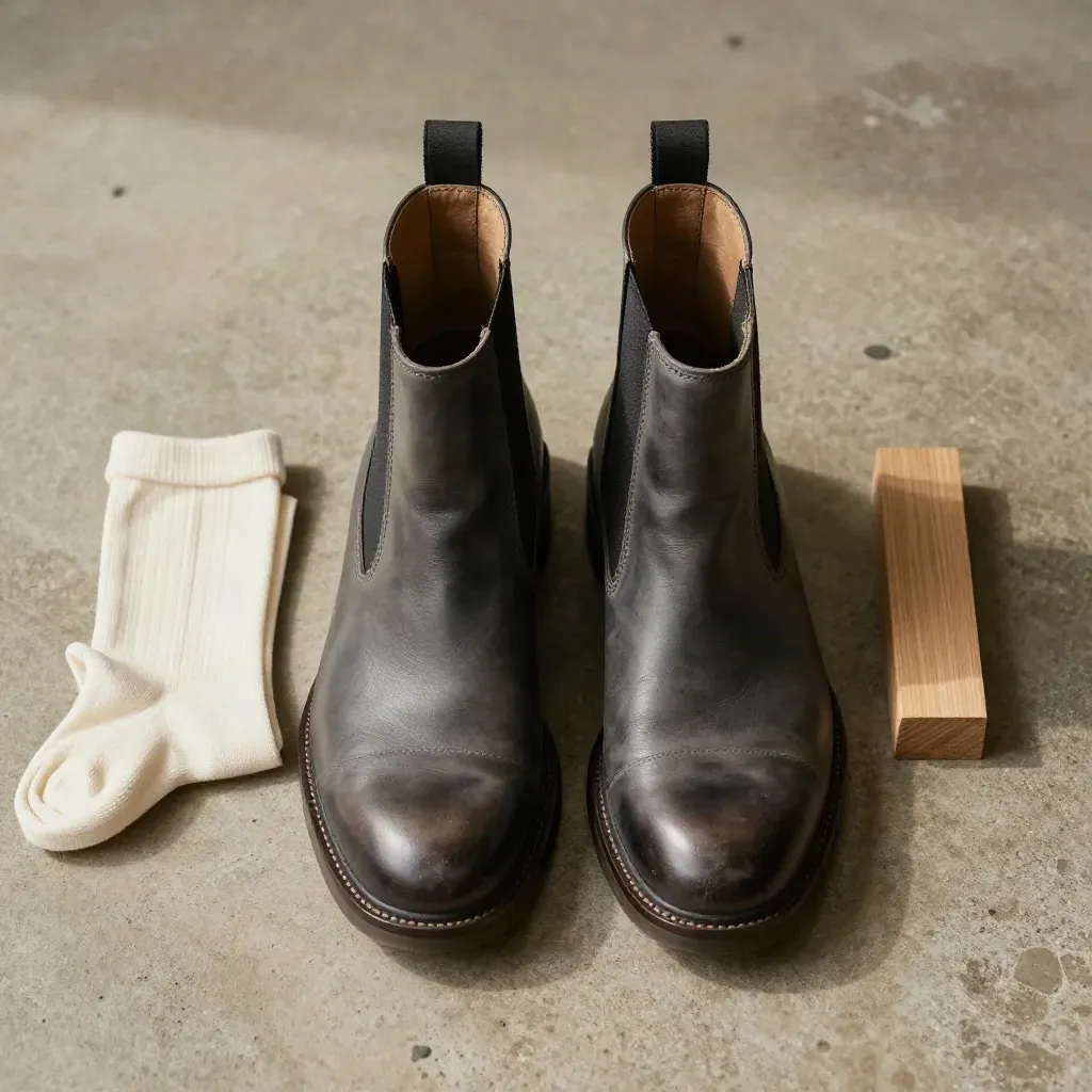 Chelsea Bari in flatlay dall'alto con calzini panna, carta velina e blocco di legno su pietra chiara.