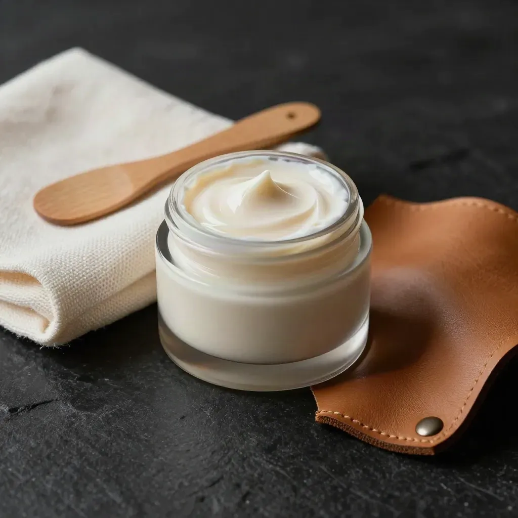 Vasetto di crema nutriente aperto con spatola in legno, panno di cotone e pelle liscia