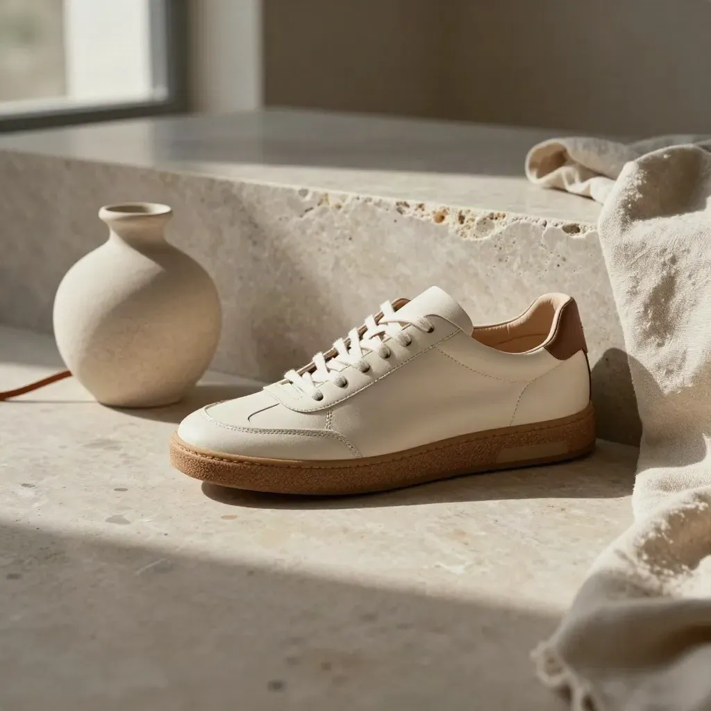 Sneaker donna in pelle chiara su marmo, lino e vaso grezzo, luce morbida in alto.