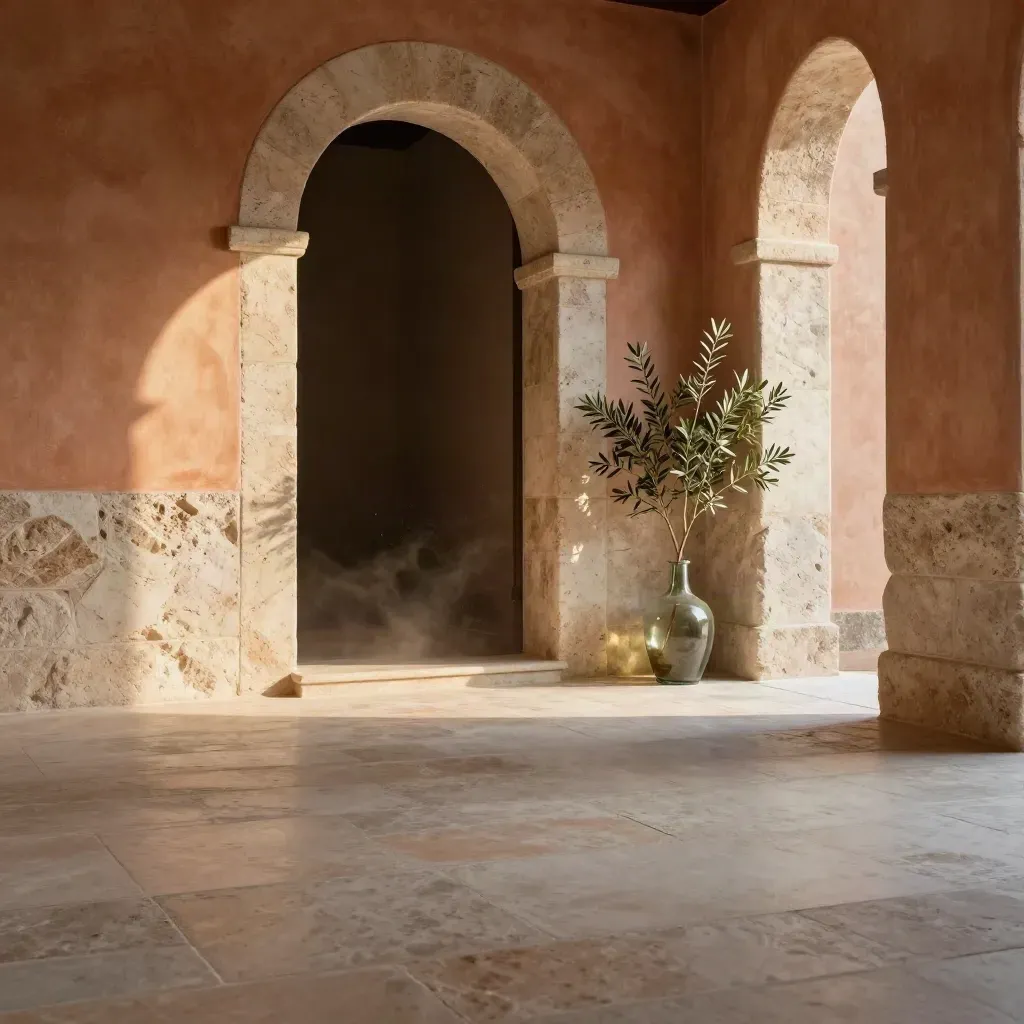 Arco in pietra al sole con porta scura e piccolo vaso d'ulivo, luce calda e ombre lunghe
