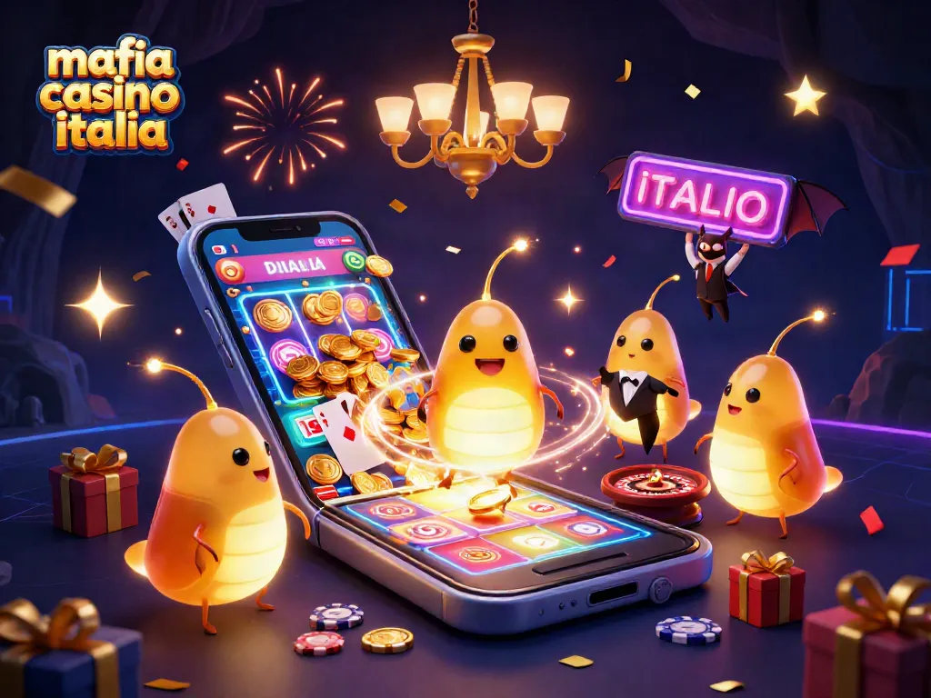 Mafia casino italia promotion featuring glowworms and bat dealer illuminating a vibrant cave casino scene.